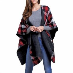 Woolrich Reversible Blanket Wrap Buffalo Check Red White Black Shawl Poncho